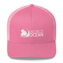 Load image into Gallery viewer, World Ocean embroidered logo mesh trucker hat in pink