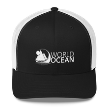 Load image into Gallery viewer, World Ocean embroidered logo mesh trucker hat in black and white