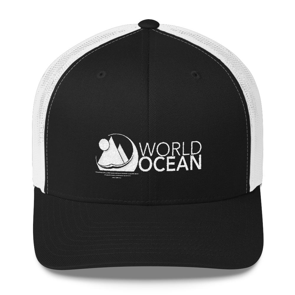 World Ocean embroidered logo mesh trucker hat in black and white