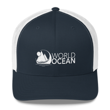Load image into Gallery viewer, World Ocean embroidered logo mesh trucker hat in navy blue and white