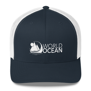 World Ocean embroidered logo mesh trucker hat in navy blue and white