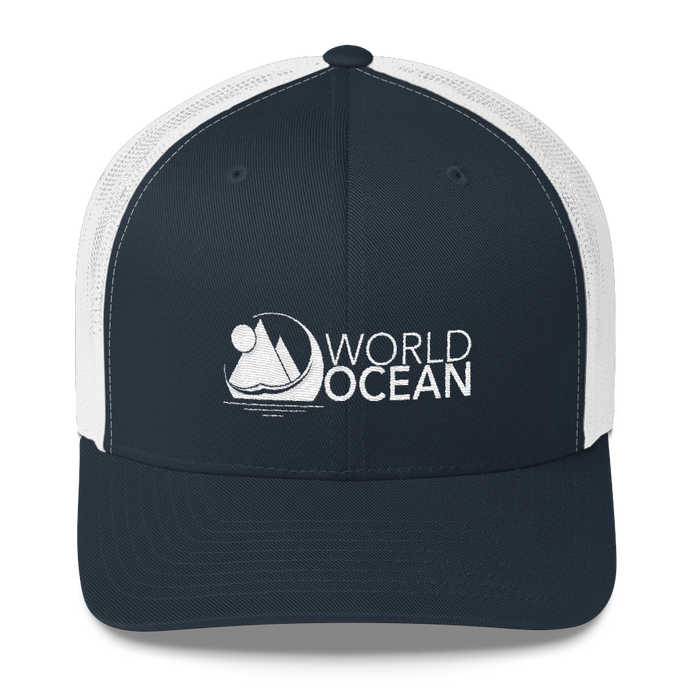 World Ocean embroidered logo mesh trucker hat in navy blue and white